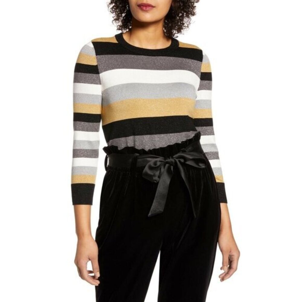Halogen X Atlantic-Pacific Metallic Striped Gold Silver Sweater SZ XS NWT
